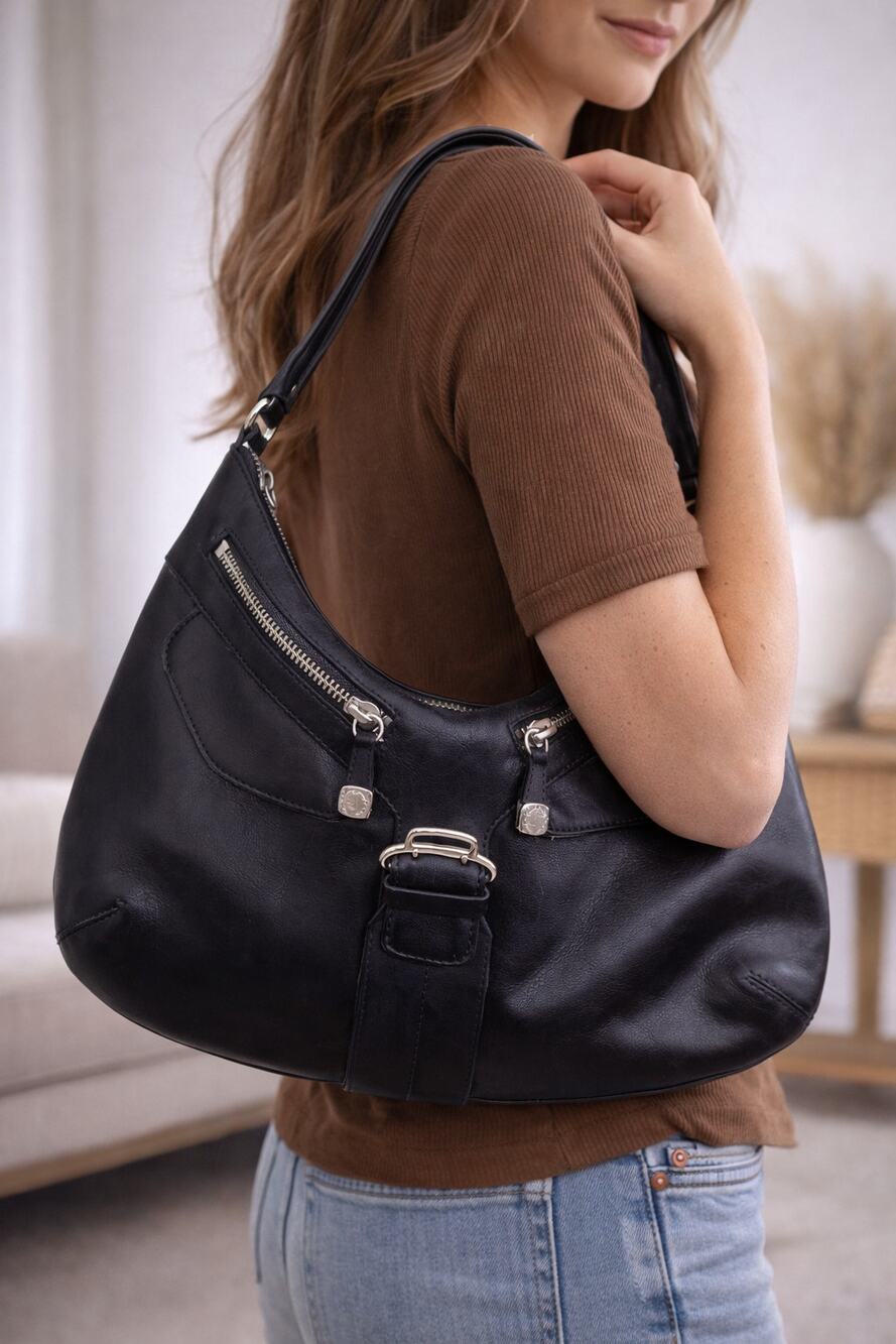 Cole Haan Alexa Genuine Leather Black Shoulder HOBO Handbag Purse